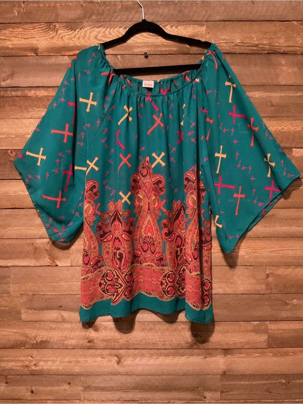 R. Rouge Women’s Vibrant Boho Paisley Top With Crosses Off Shoulder Size 1X